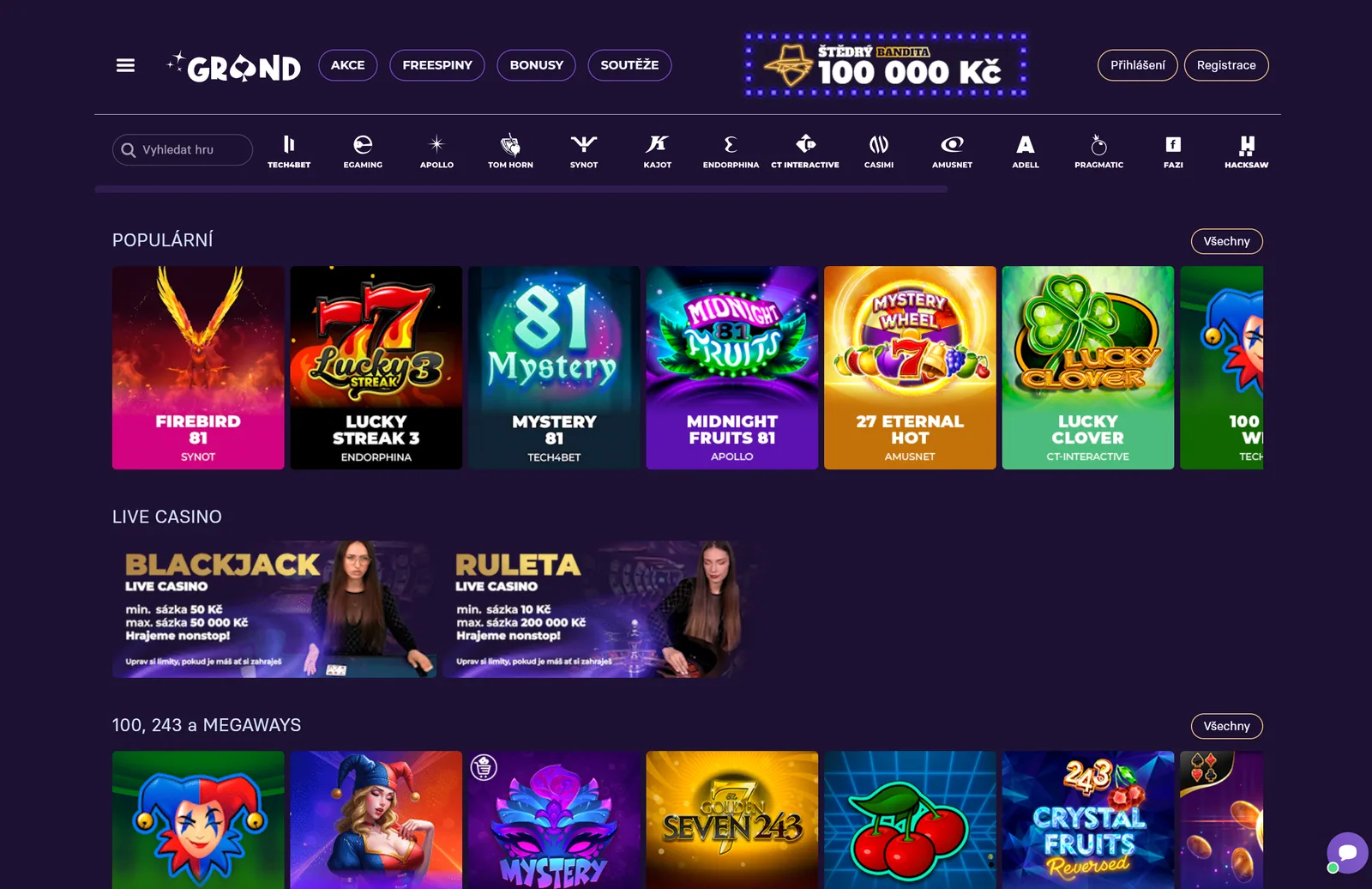 Lobby Grandwin Casina s poskytovateli, populárními automaty a live blackjackem a ruletou