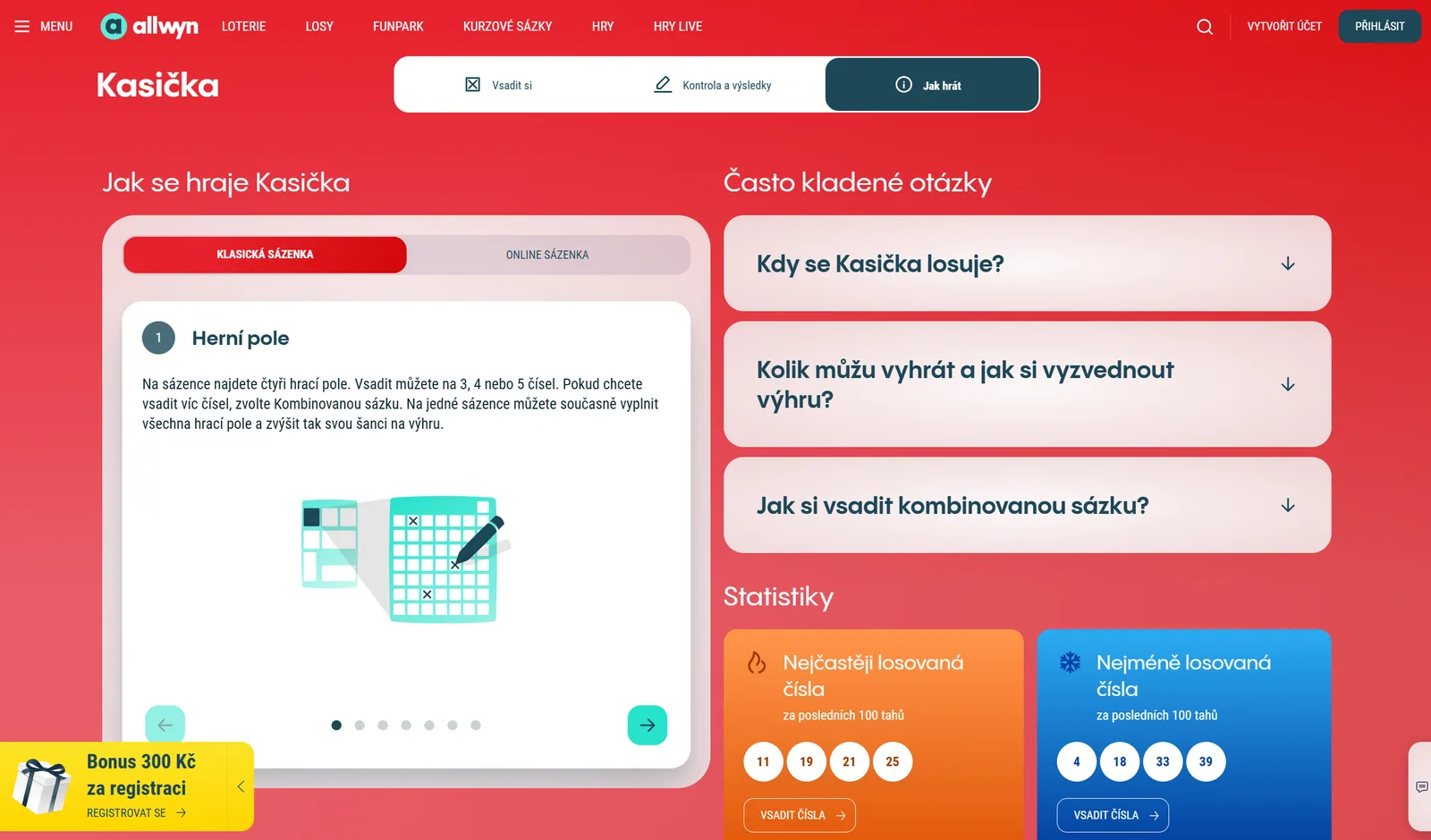 Pravidla jednoduché a kombinované sázky Kasička Allwyn