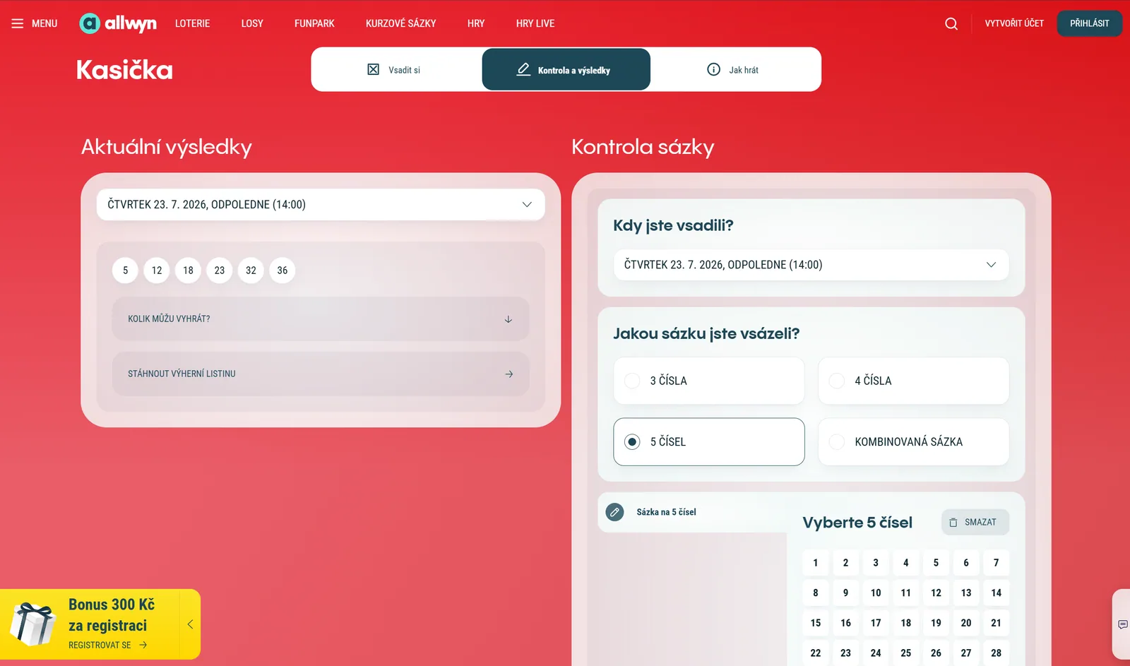 Výsledky a kontrola tiketu loterie Kasička na webu Allwyn