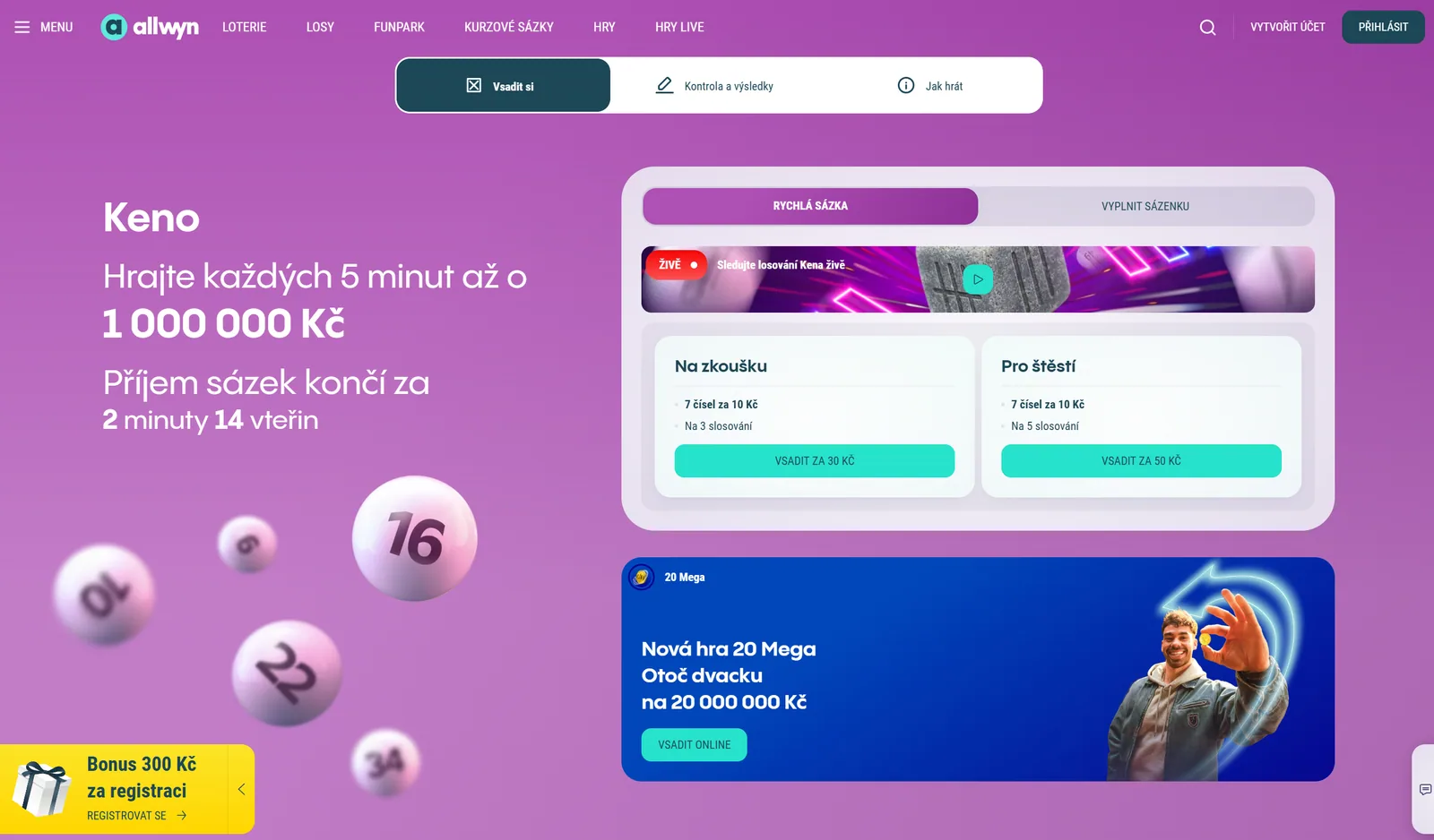 Online sázenka Keno na webu Allwyn
