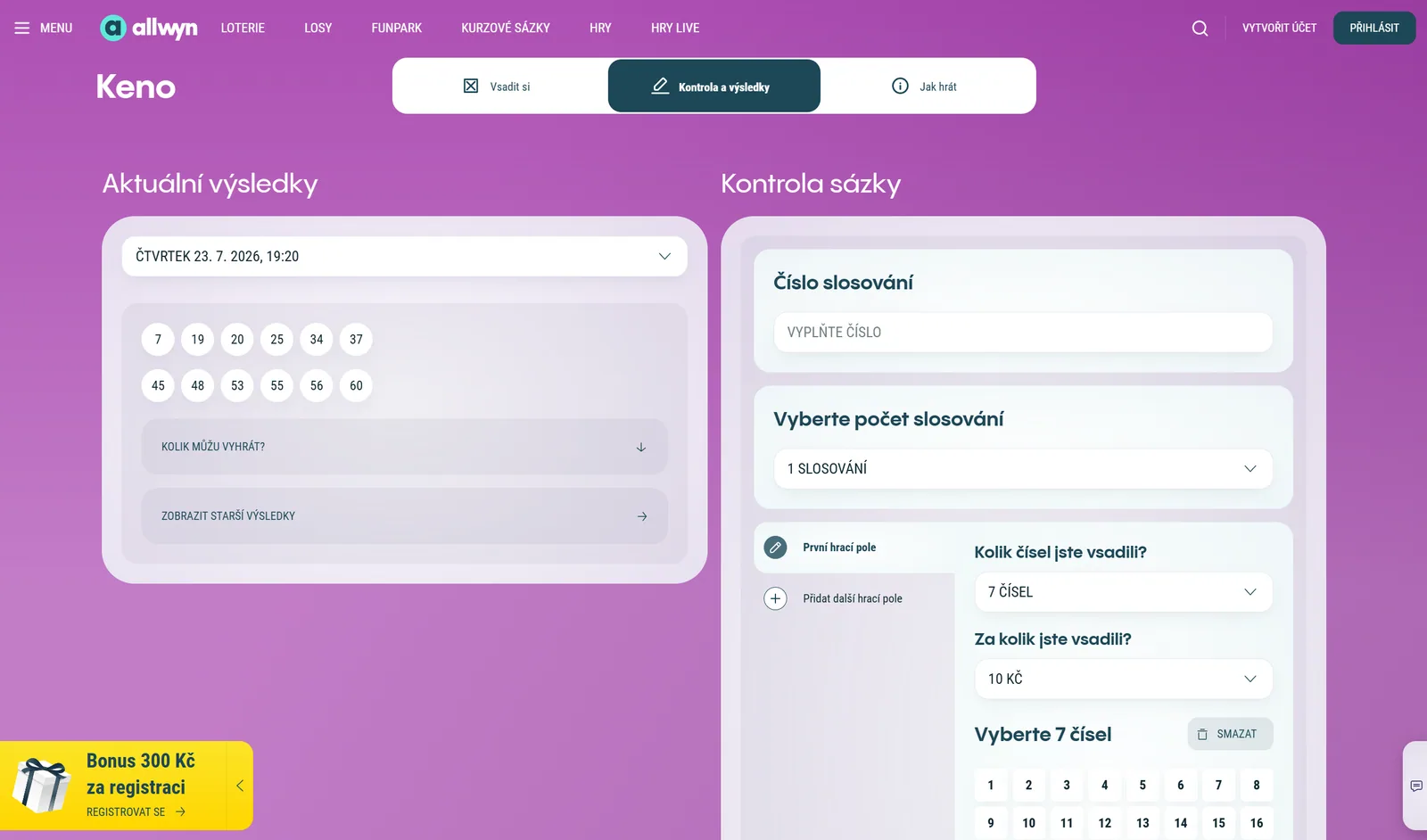 Výsledky a kontrola tiketu Keno na webu Allwyn