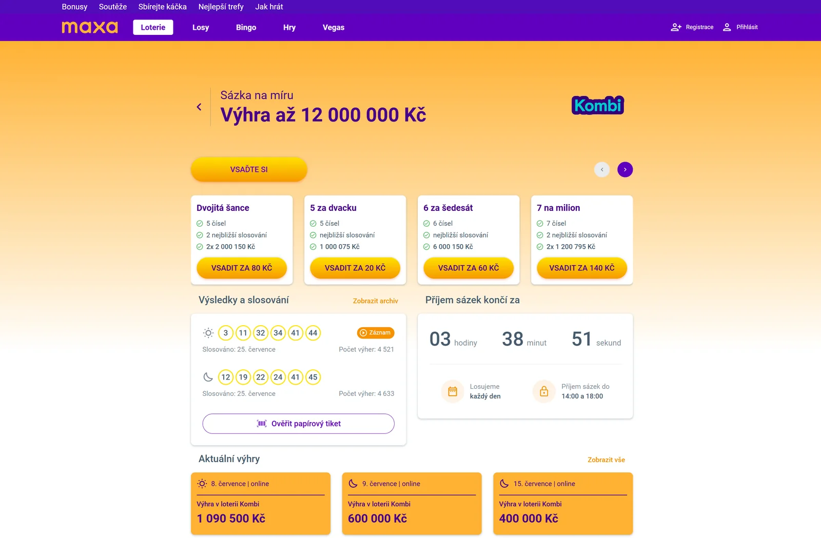 Přehled loterie Kombi na webu Maxa s výsledky, výhrami a odpočtem do slosování