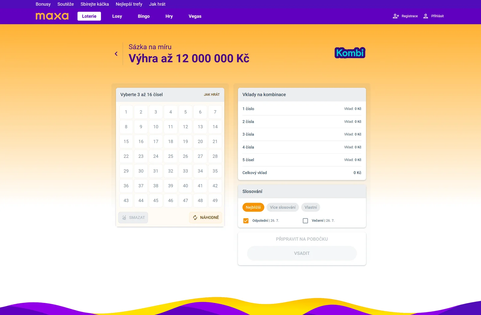 Online sázenka Kombi s čísly 1 až 49 a přehledem vkladů na kombinace