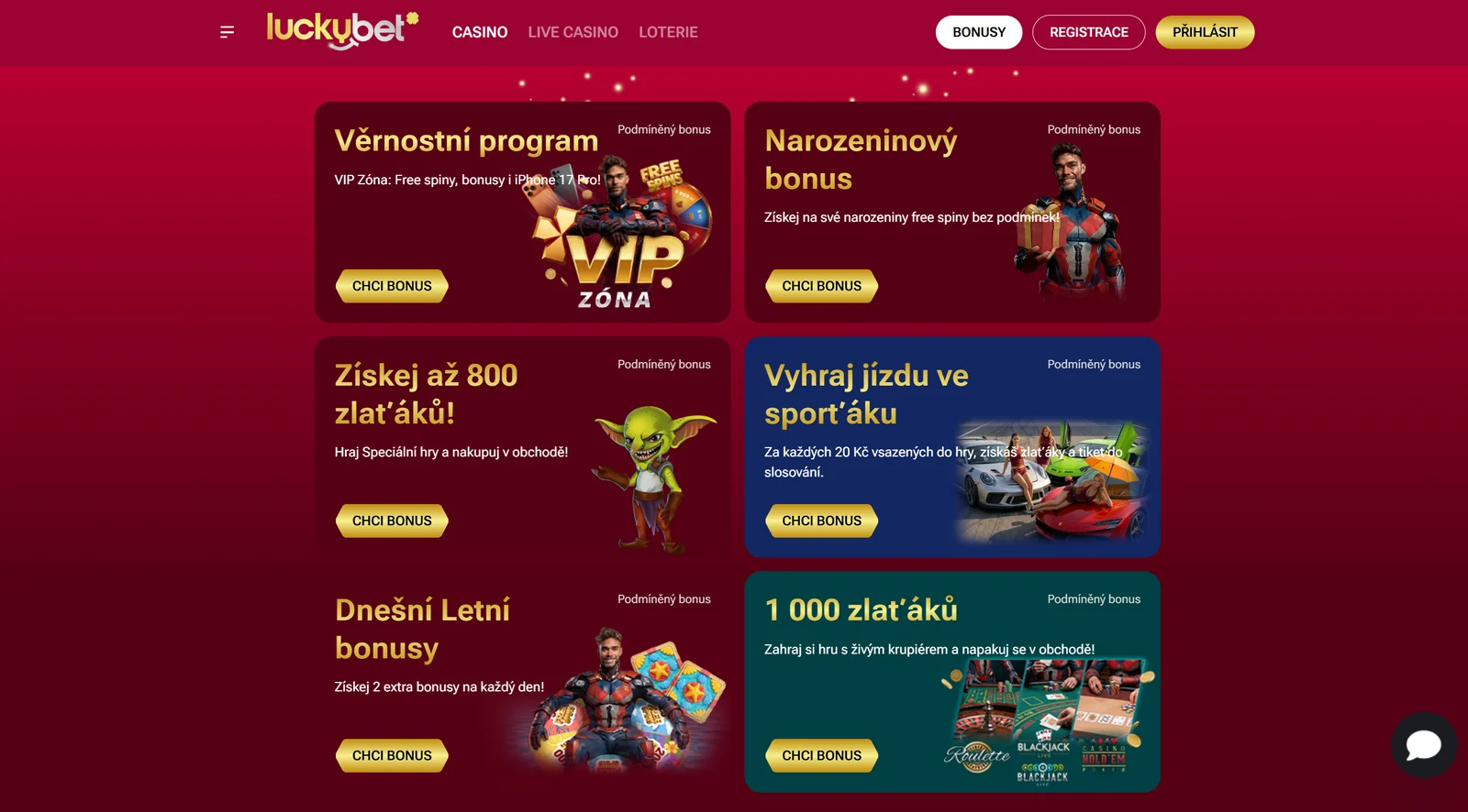 LuckyBet bonusy, VIP Zóna, narozeninový bonus, zlaťáky a live casino akce