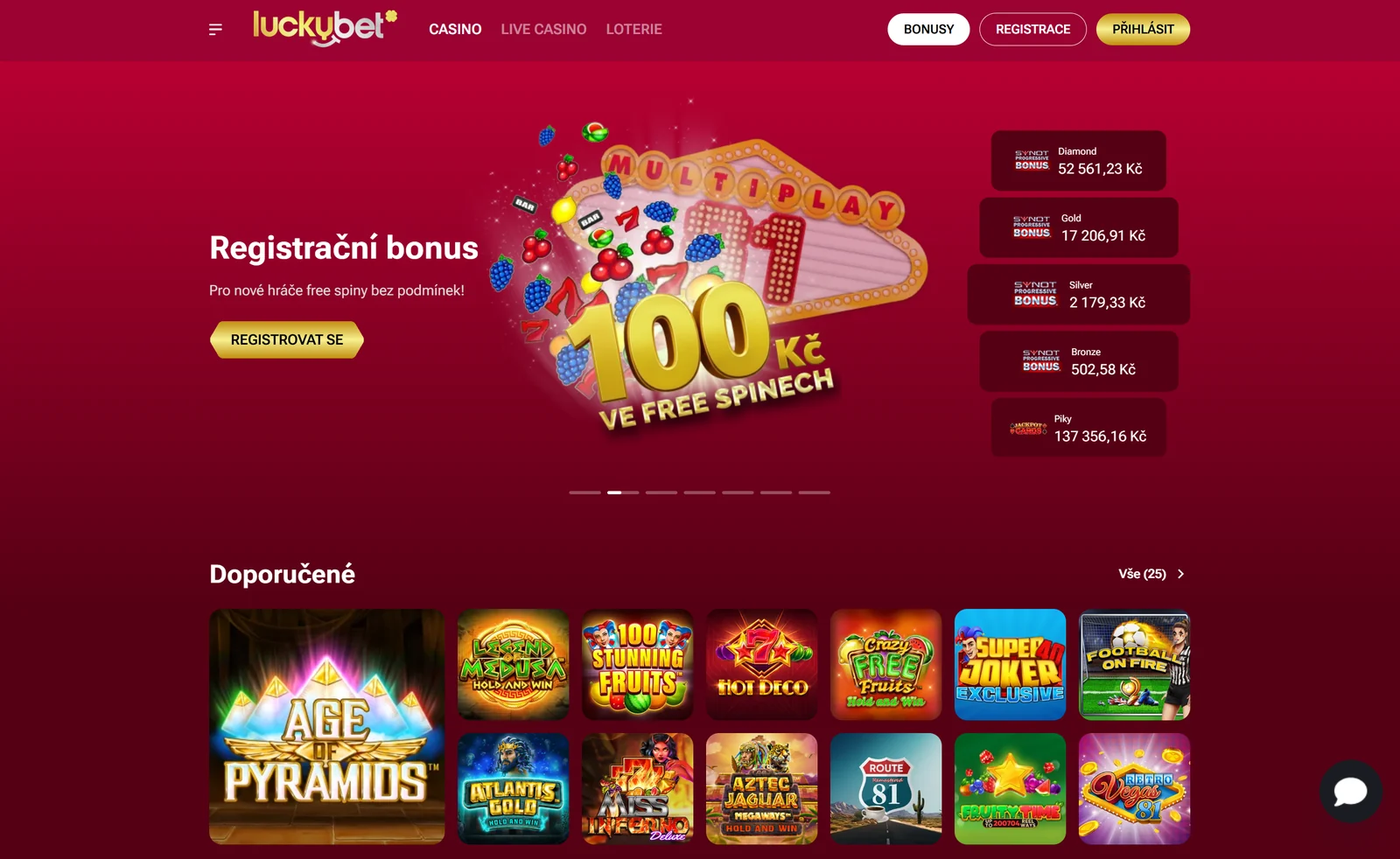LuckyBet Casino lobby s registračním bonusem, jackpoty a doporučenými automaty
