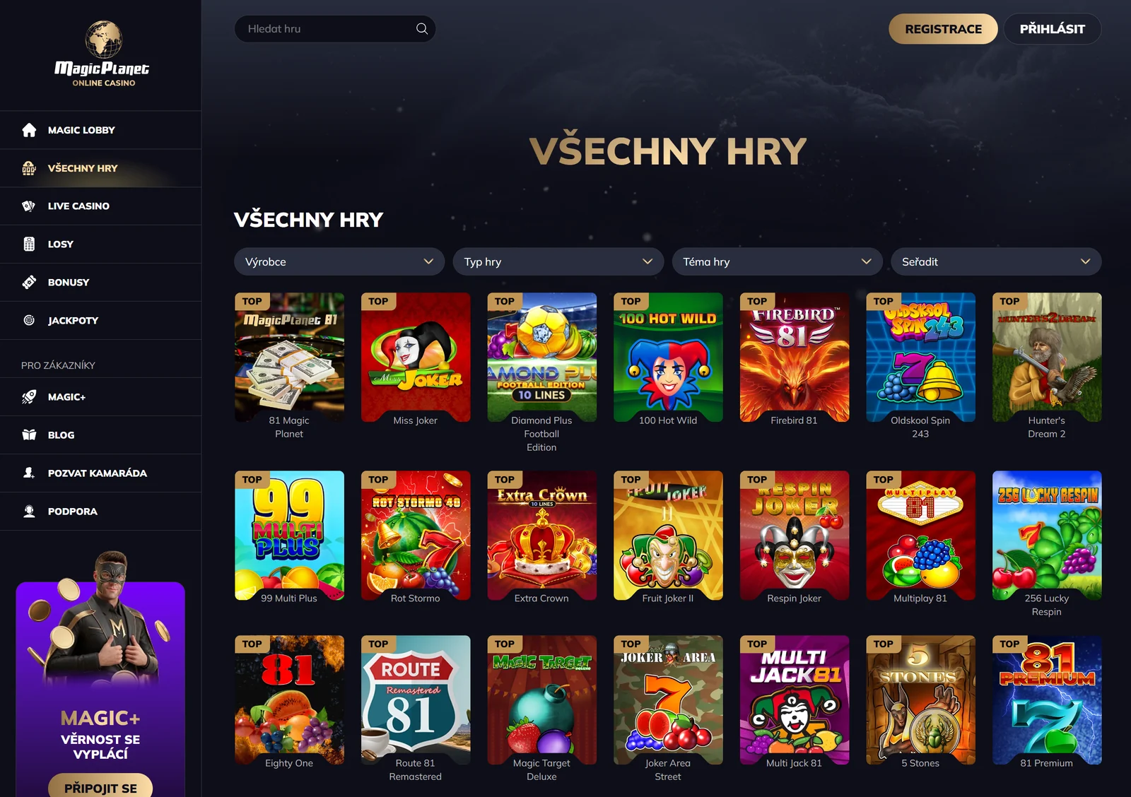 Přehled všech her Magic Planet Casino s filtry a automaty