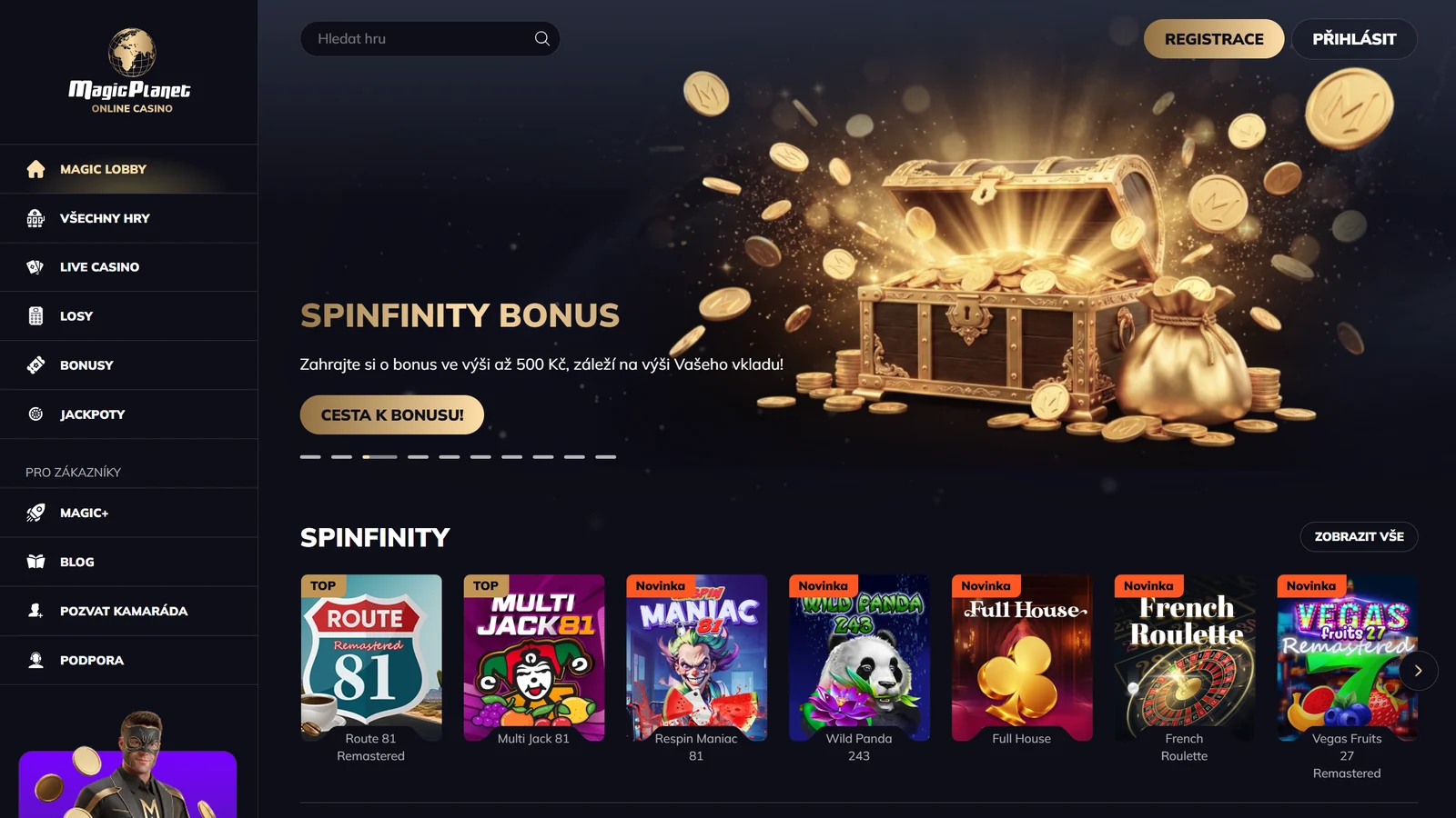 Magic Planet Casino lobby se Spinfinity bonusem a doporučenými hrami