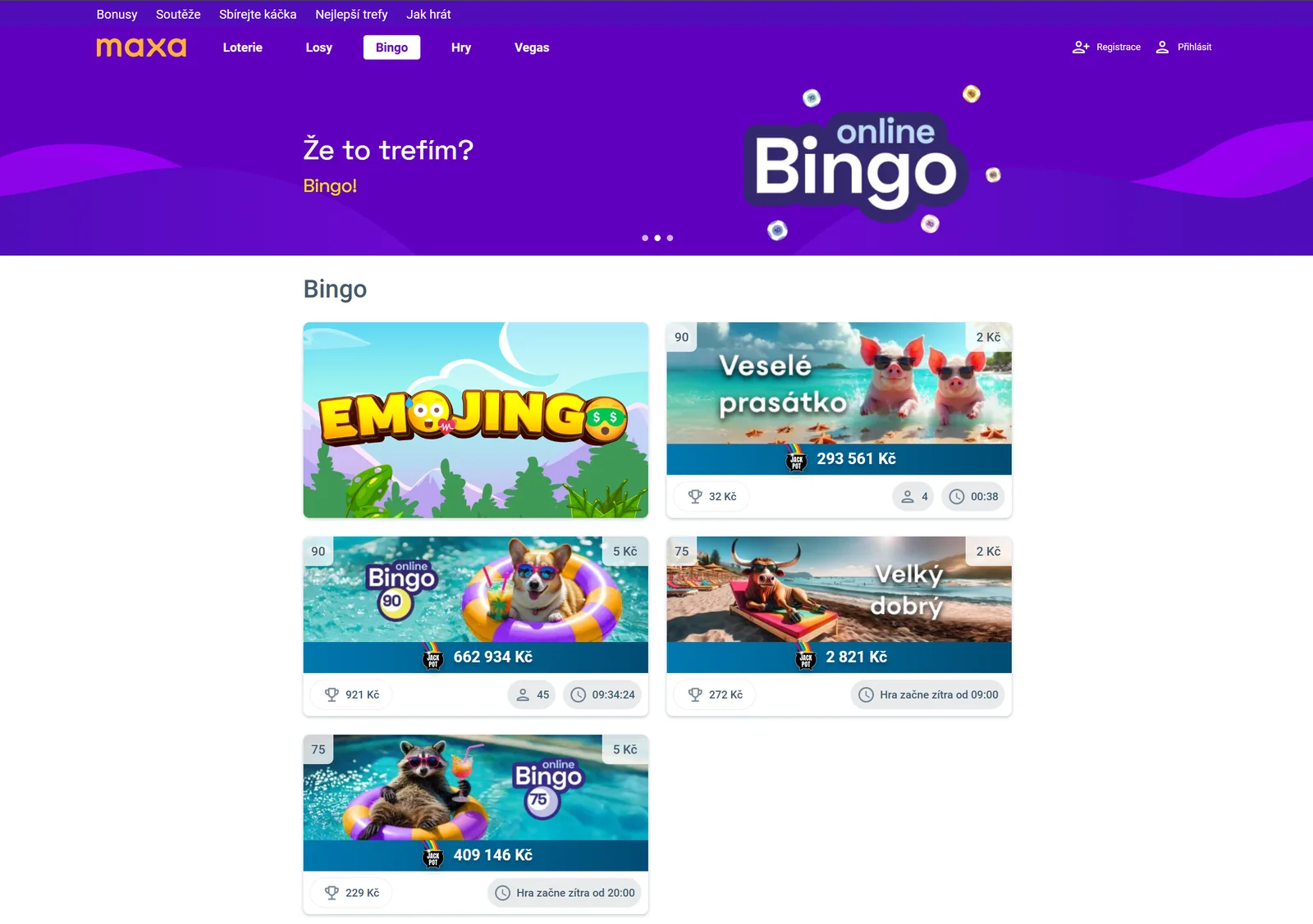 Lobby Maxa Bingo online s místnostmi Bingo 75 a Bingo 90, cenami tiketů a jackpoty