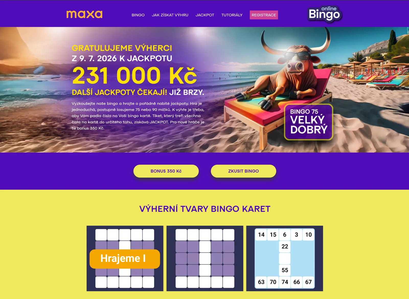 Oficiální stránka Maxa Bingo s ukázkami výherních tvarů karet Bingo 75