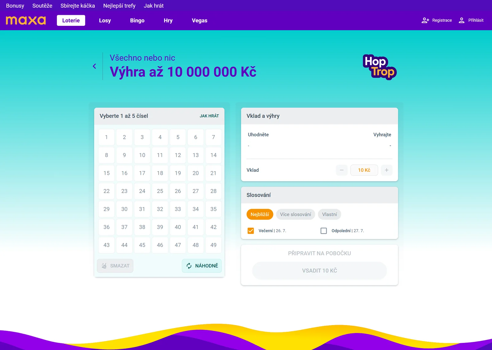 Online sázanka Maxa Hop Trop s výběrem čísel od 1 do 49, vkladem a slosováním