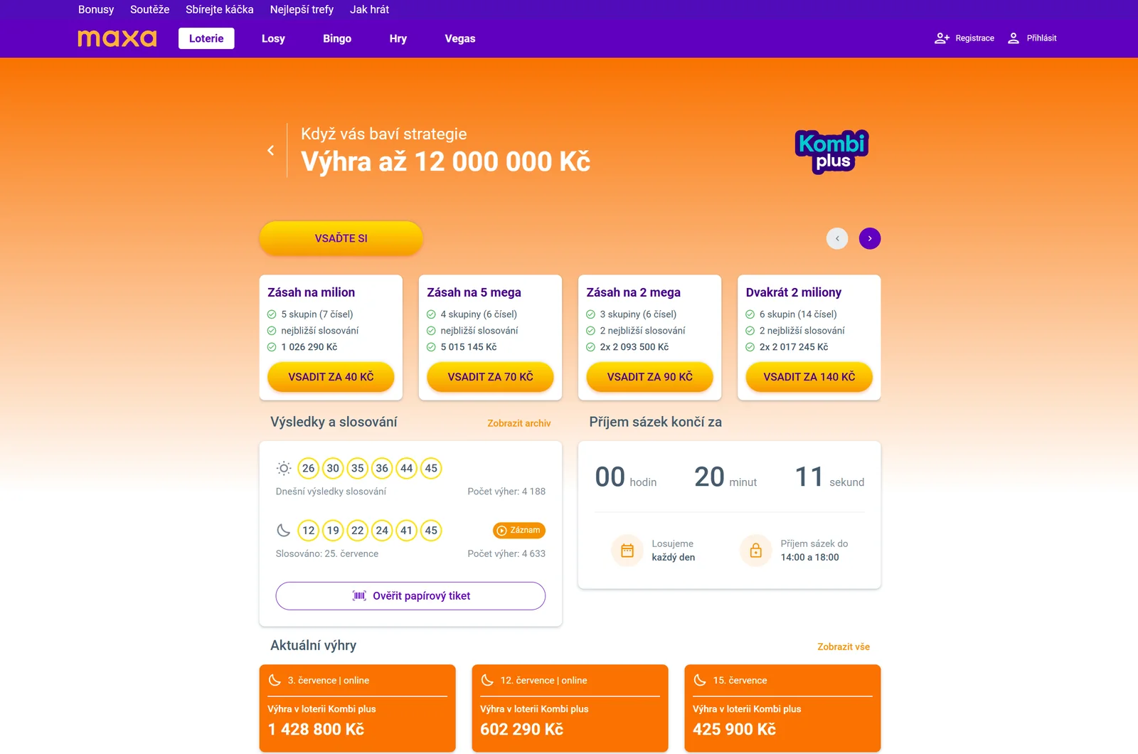 Rozhraní Maxa Kombi Plus s předvolbami, výsledky a odpočtem do slosování