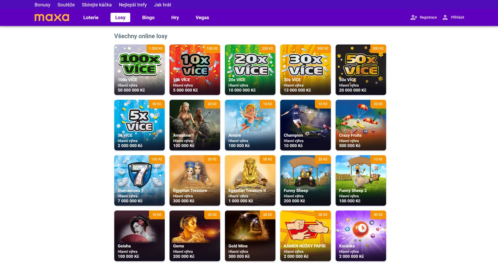 Rozšířená nabídka Maxa online losů s různými cenami a hlavními výhrami