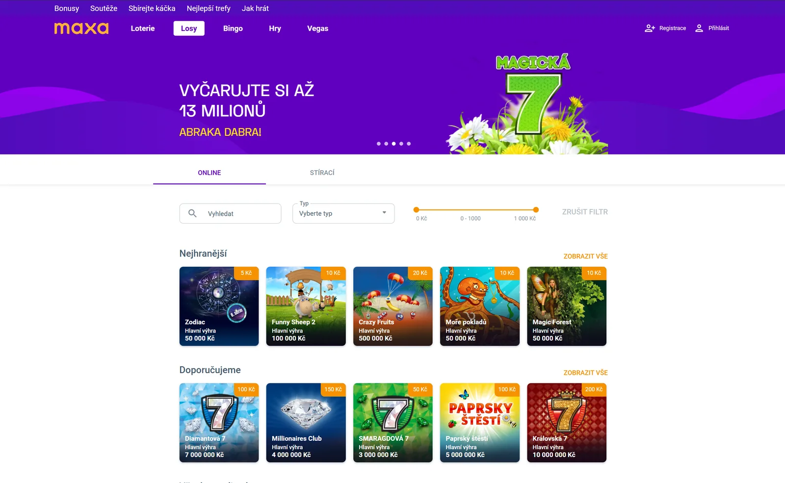 Katalog Maxa online losů s hledáním, filtrem, cenami a hlavními výhrami