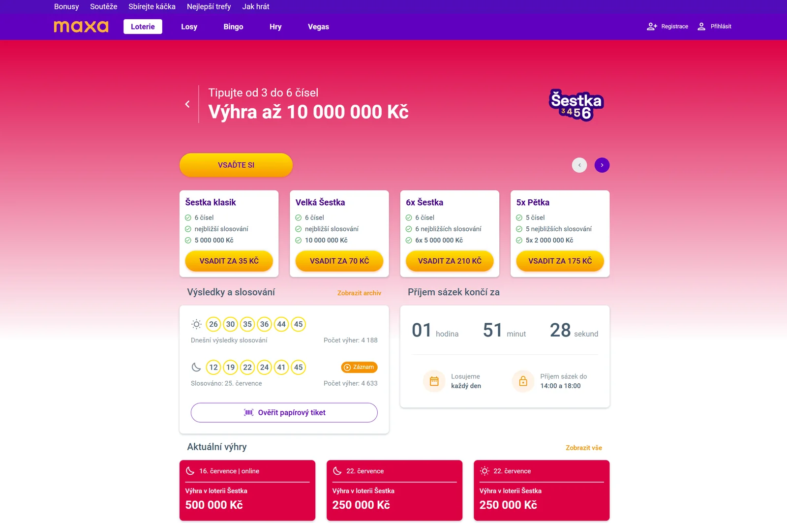 Online stránka Maxa Šestka s rychlými předvolbami, výsledky a časy slosování