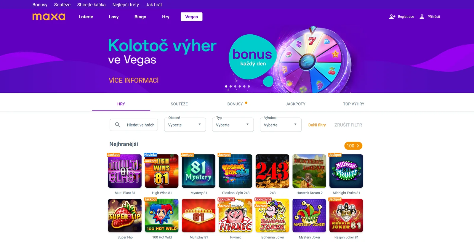 Lobby Maxa Vegas Casino s vyhledáváním, filtry a nejhranějšími sloty