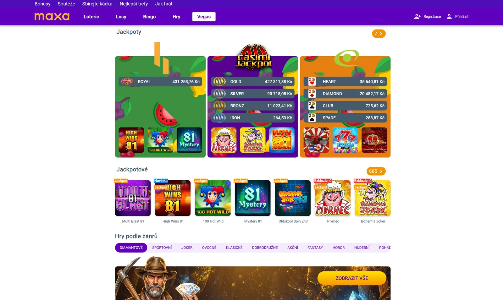Jackpotová sekce Maxa Vegas s více progresivními banky a připojenými hrami