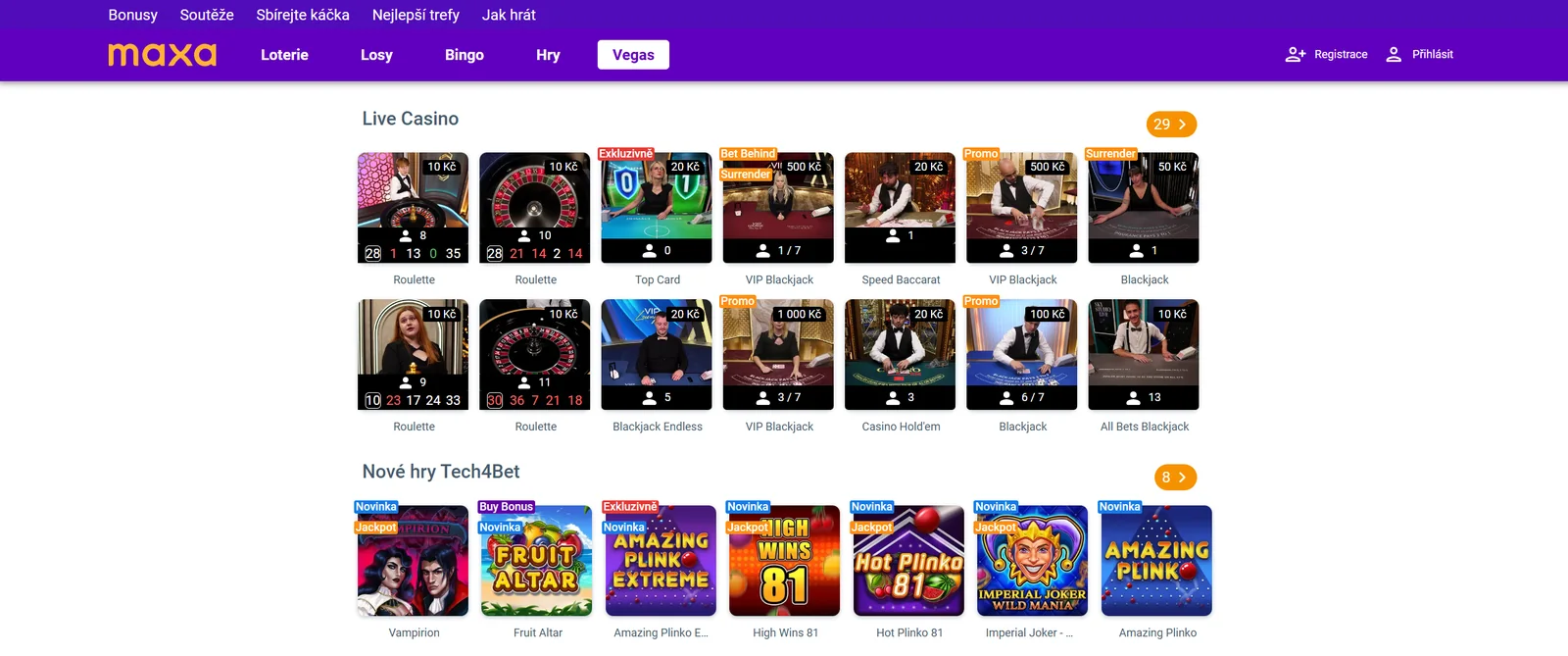 Maxa Vegas live casino s ruletou, blackjackem, baccaratem a různými limity stolů