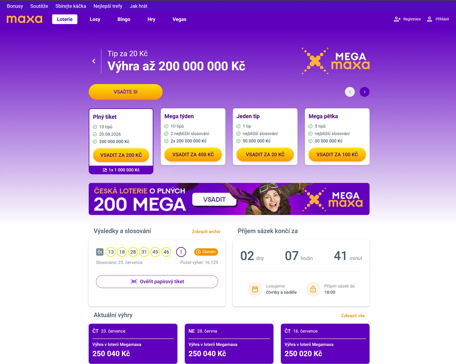 Online sázka MegaMaxa s variantami jednoho tipu a plného tiketu