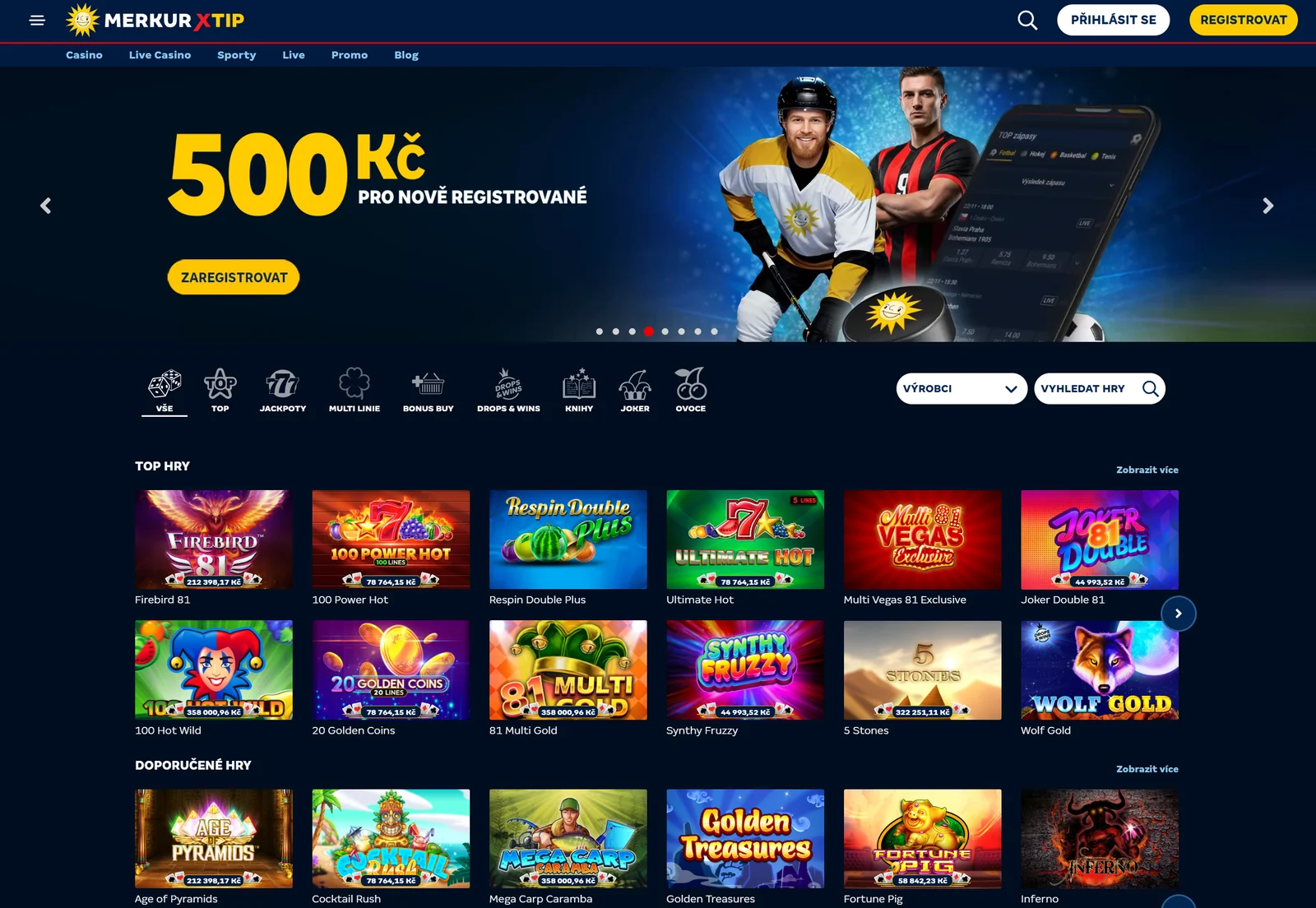 Lobby Merkur Xtip Casino s top hrami, kategoriemi a vyhledáváním