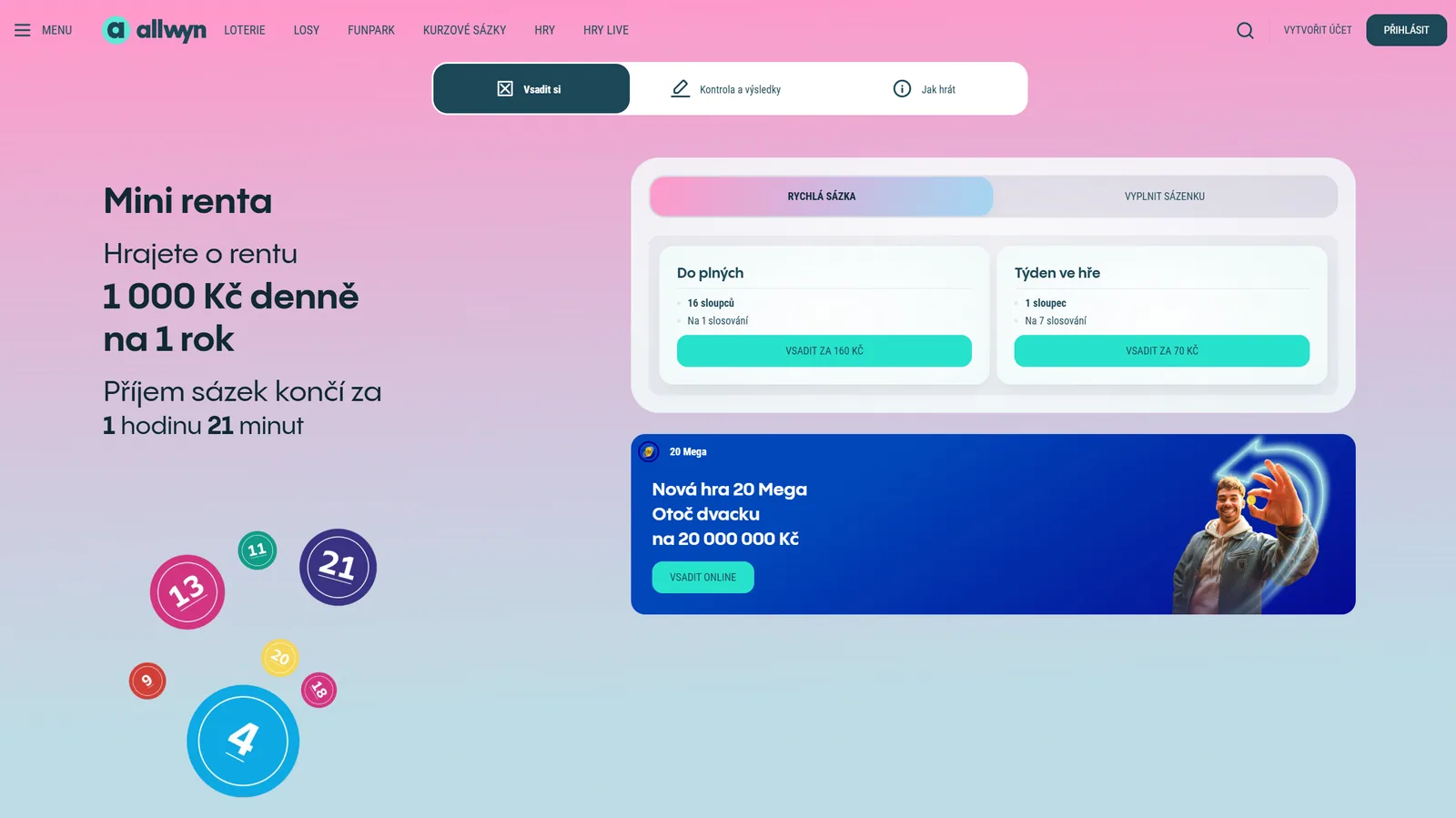 Oficiální online sázenka Mini Renty s rychlou sázkou a variantou Týden ve hře