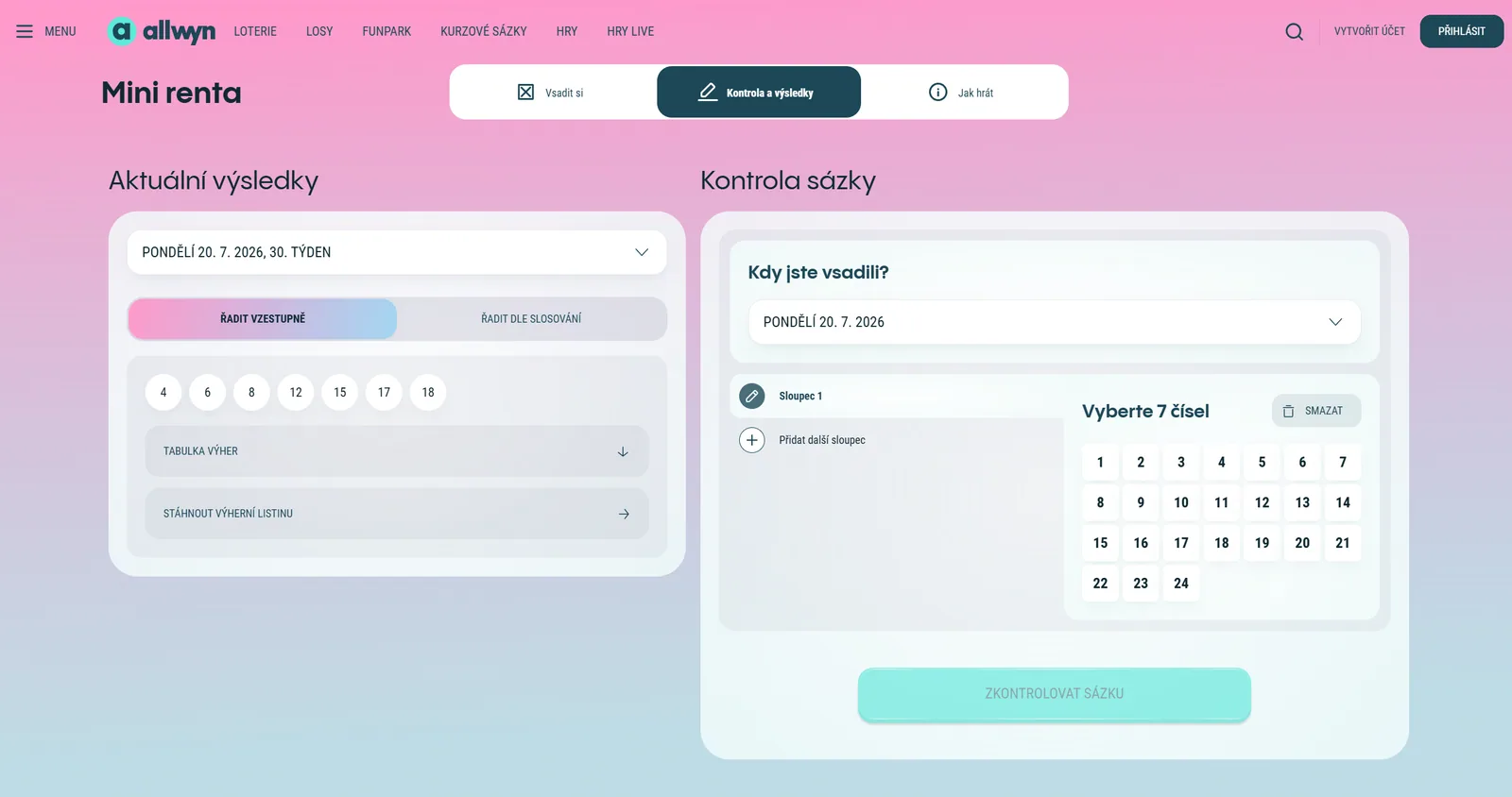 Oficiální výsledky Mini Renty a online kontrola sedmi čísel z 24