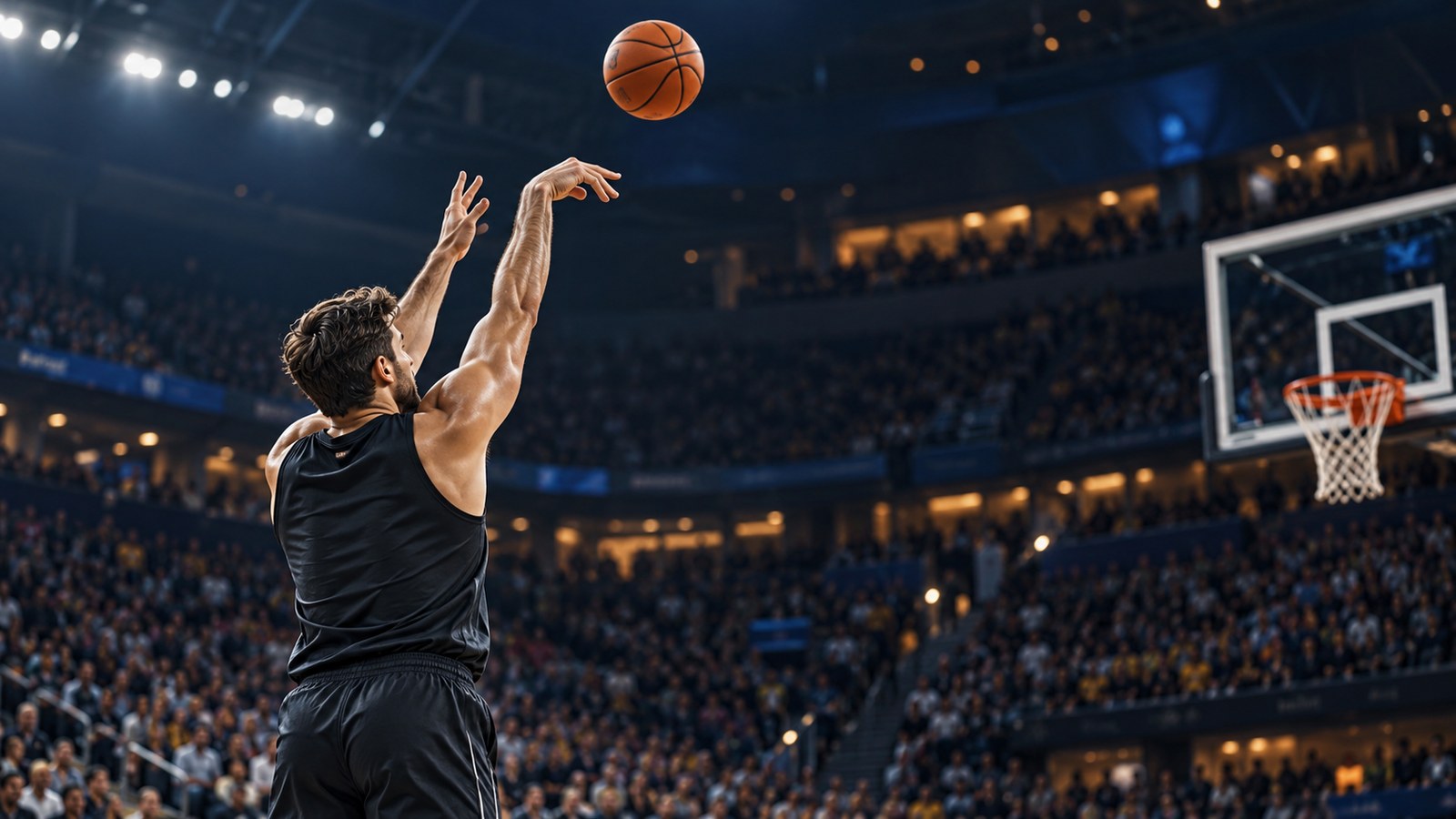 Basketbalista v tmavém dresu střílí na koš v osvětlené hale