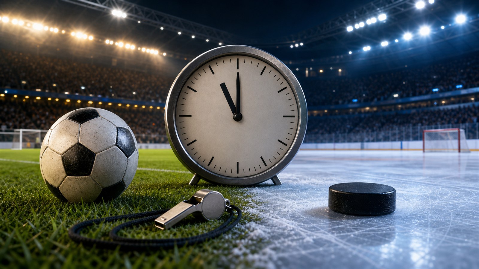 Fotbalový míč, hokejový puk a časomíra na rozhraní stadionu a ledové plochy