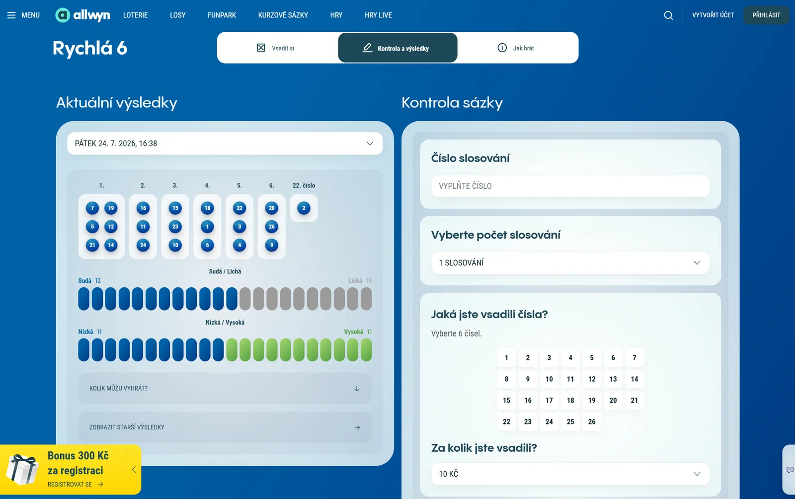 Výsledky Rychlé 6 a online kontrola sázky na Allwyn