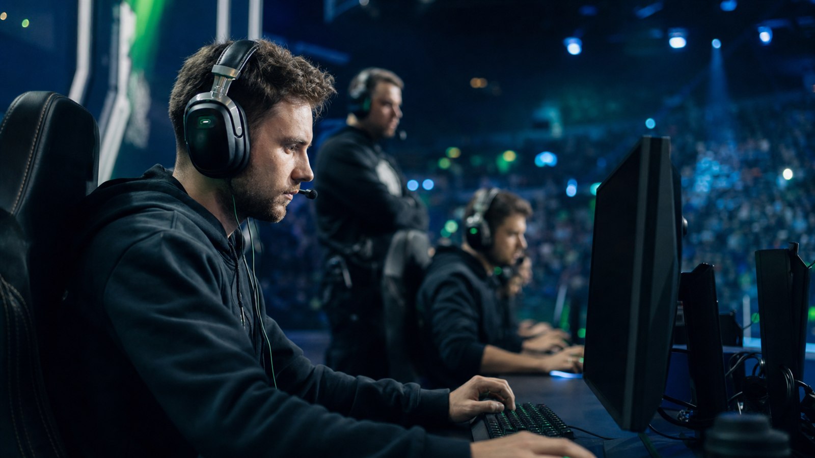 Profesionální esportový hráč se soustředí na zápas v zaplněné aréně