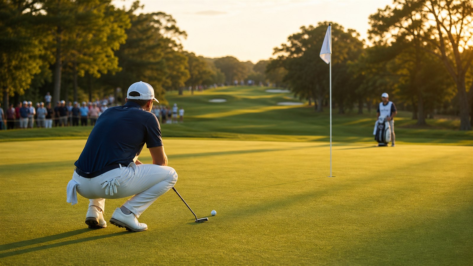 Profesionální golfista čte dráhu puttu na turnajovém greenu