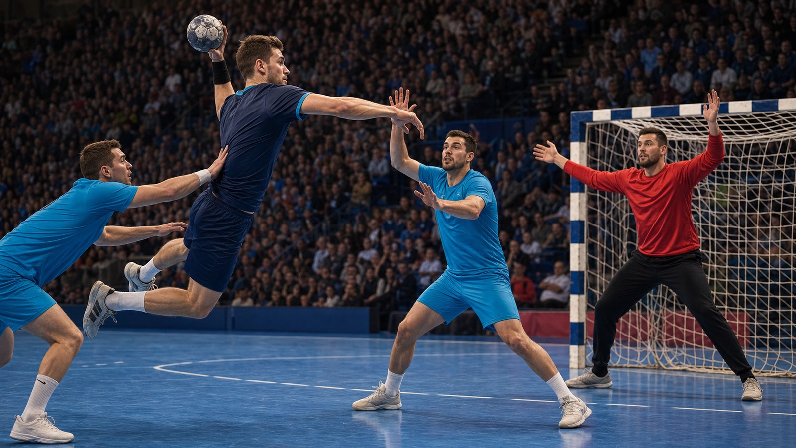 Házenkář ve výskoku střílí přes dva obránce na připraveného brankáře v hale