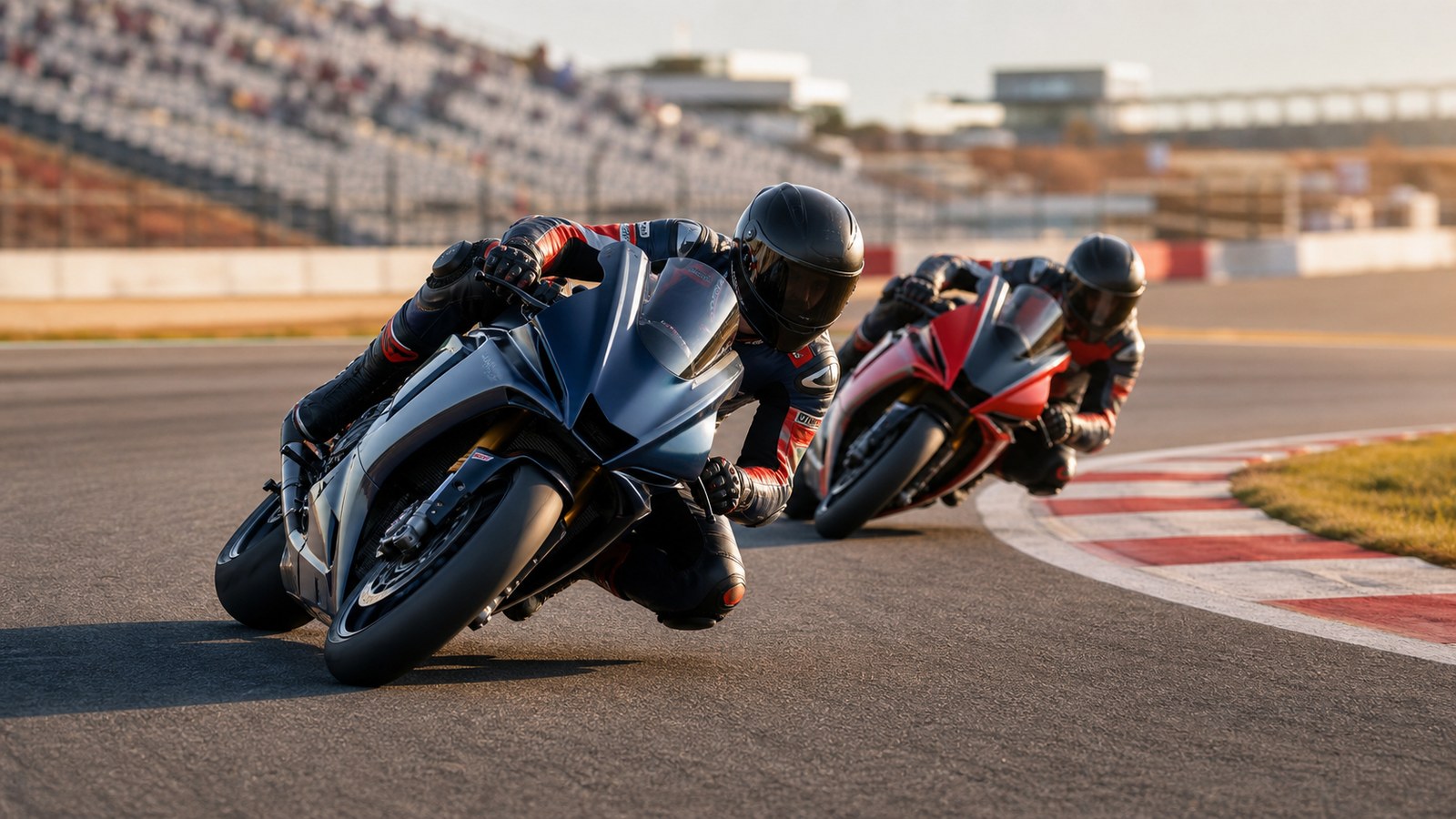 Dva motocykloví závodníci projíždějí v náklonu zatáčku na závodním okruhu