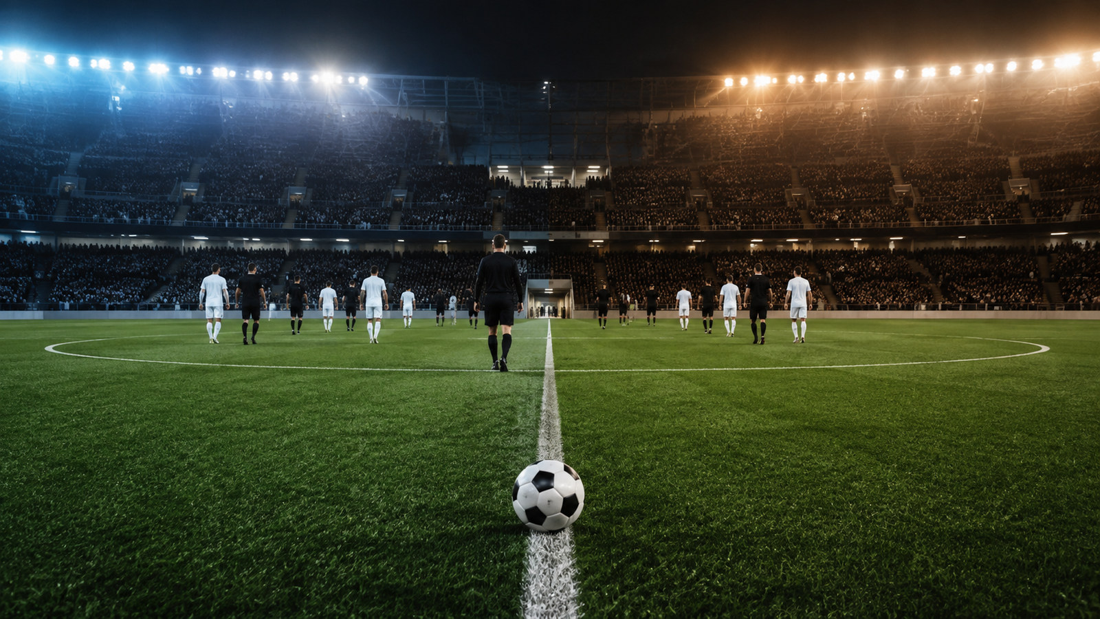 Fotbalový míč na půlicí čáře stadionu během poločasové přestávky