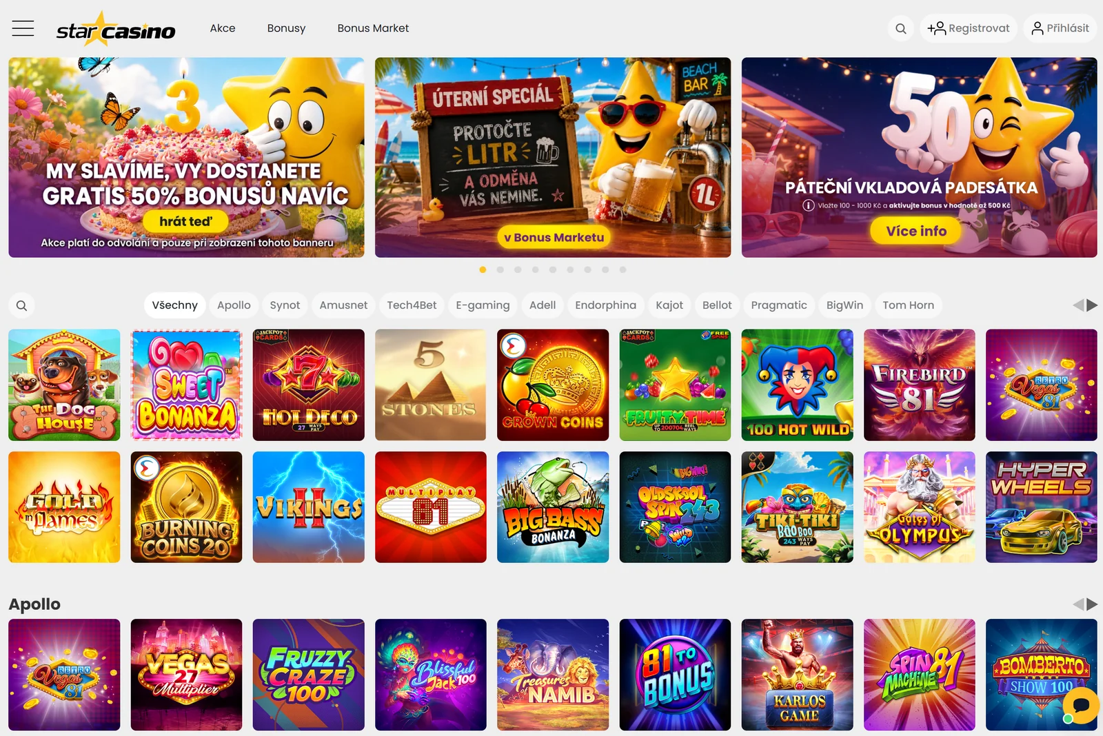 Domovská stránka Star Casino s akcemi a automaty