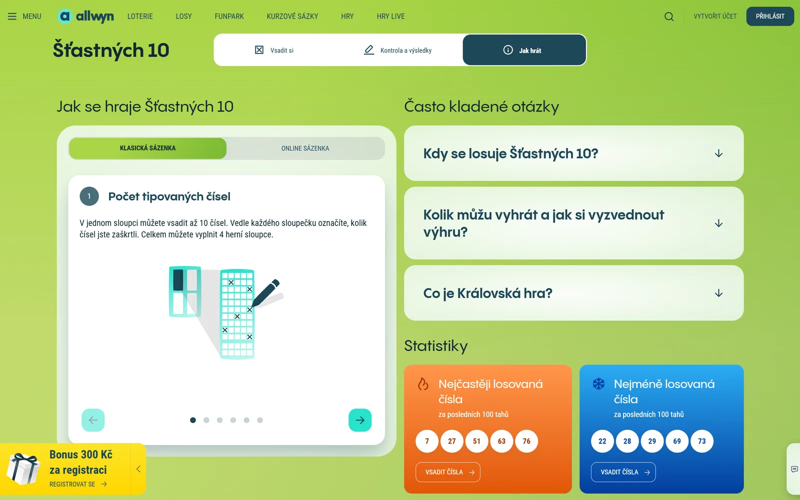Pravidla, často kladené otázky a statistiky čísel Šťastných 10