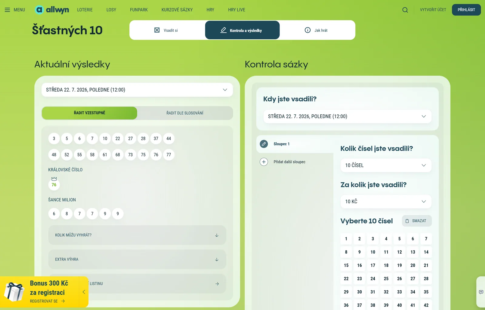Aktuální výsledky a kontrola sázenky Šťastných 10 na webu Allwyn