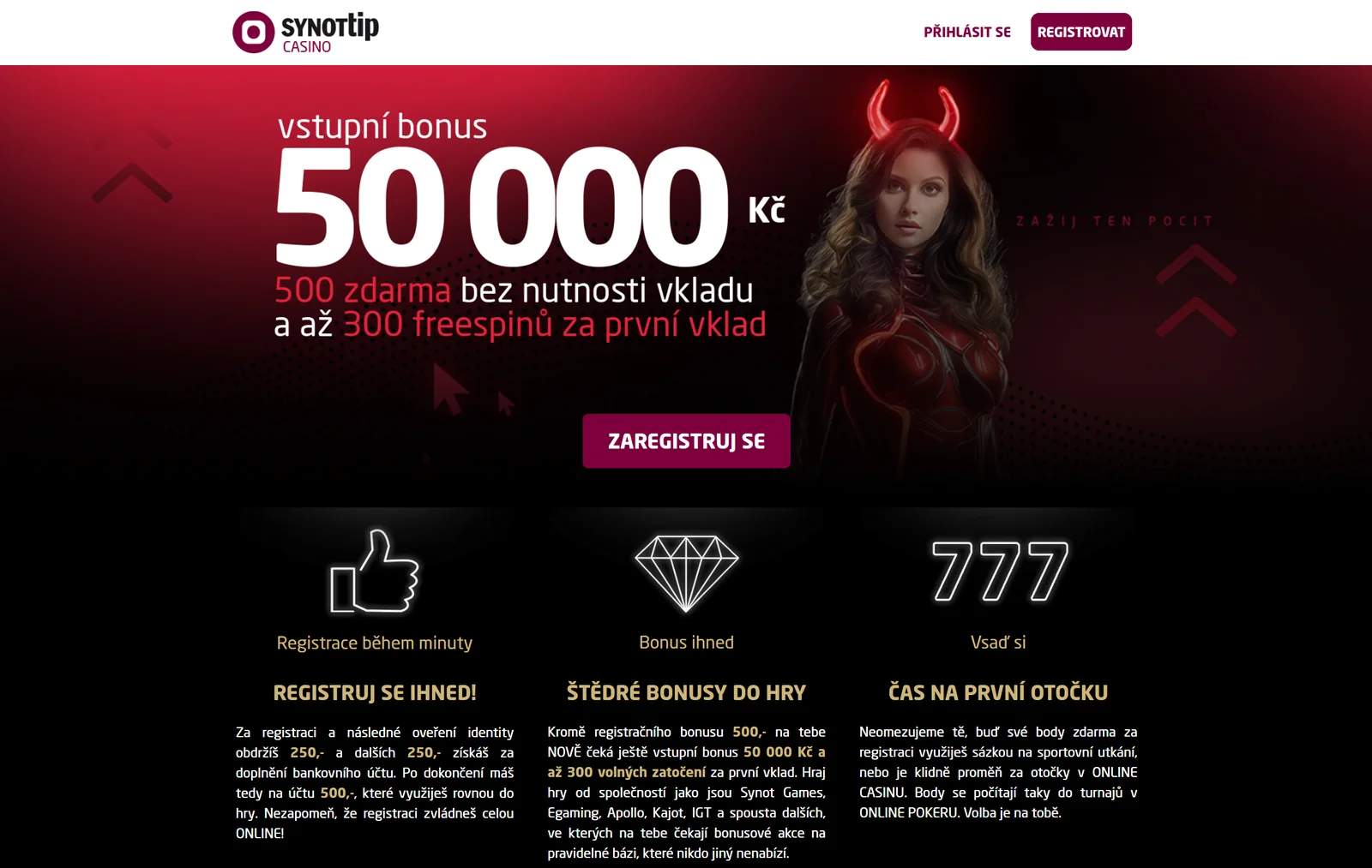 Oficiální nabídka vstupního bonusu SYNOT TIP Casino až 50 000 Kč a 300 freespinů