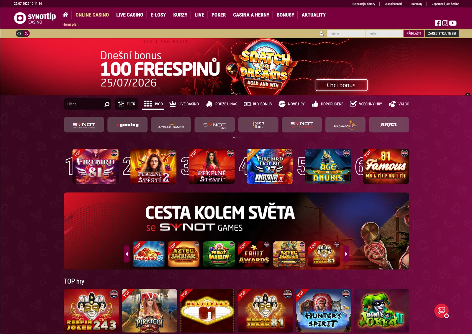 Lobby SYNOT TIP Casino s vyhledáváním, filtry, dodavateli a nabídkou automatů