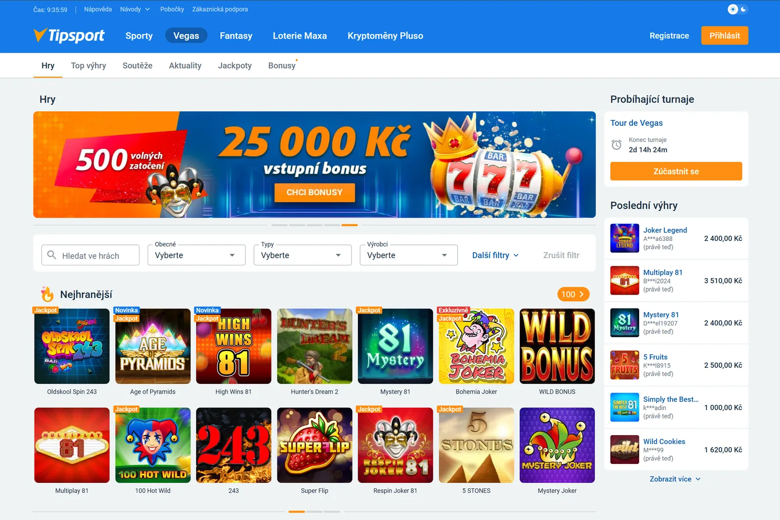 Katalog automatů a her Tipsport Vegas