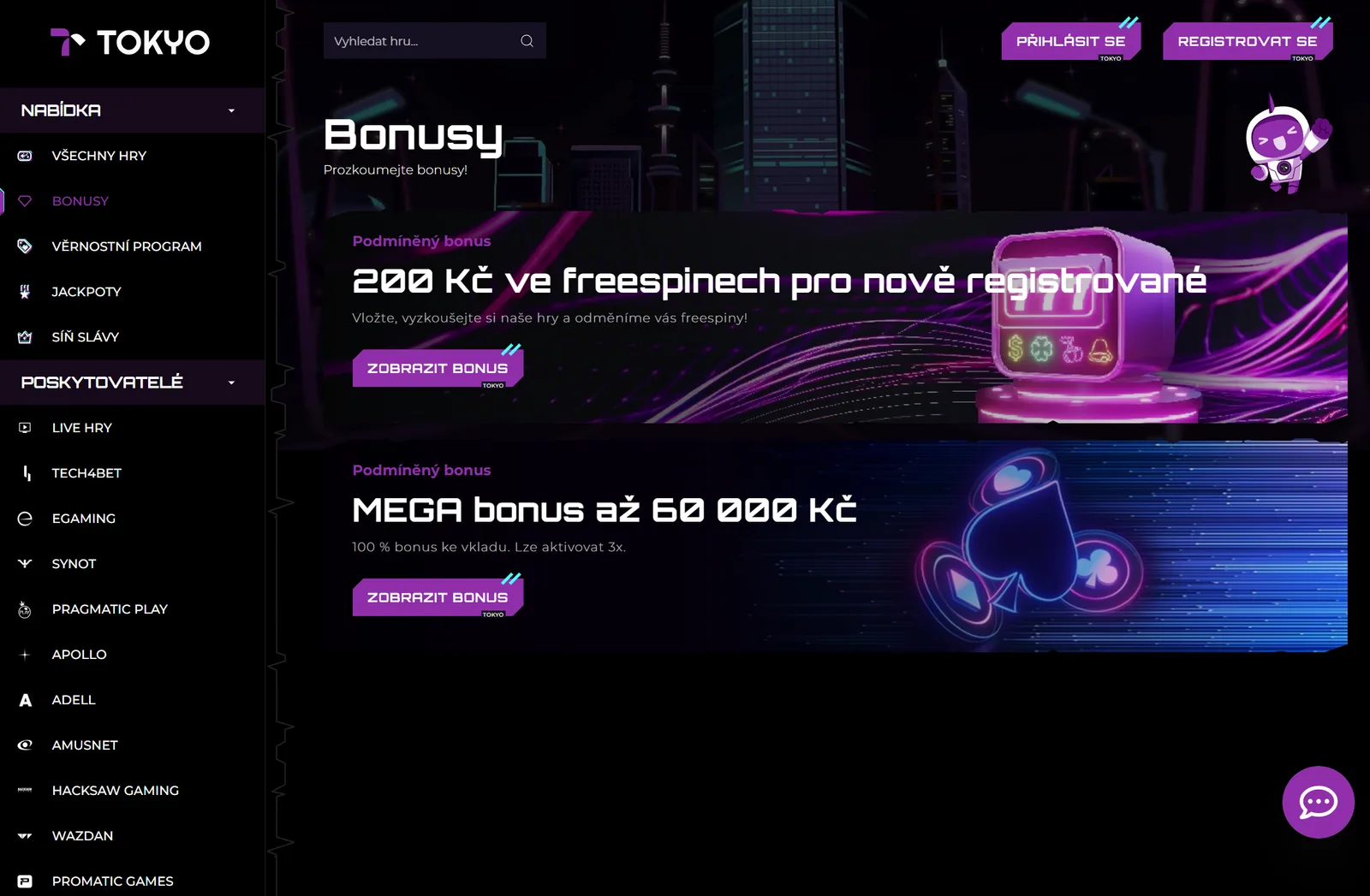Bonusová sekce Tokyo Casina s nabídkou freespinů pro nové hráče a MEGA bonusem až 60 000 Kč