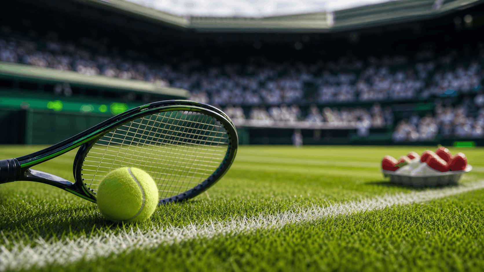 Tenisový míček a raketa na travnatém kurtu před Wimbledonem 2026