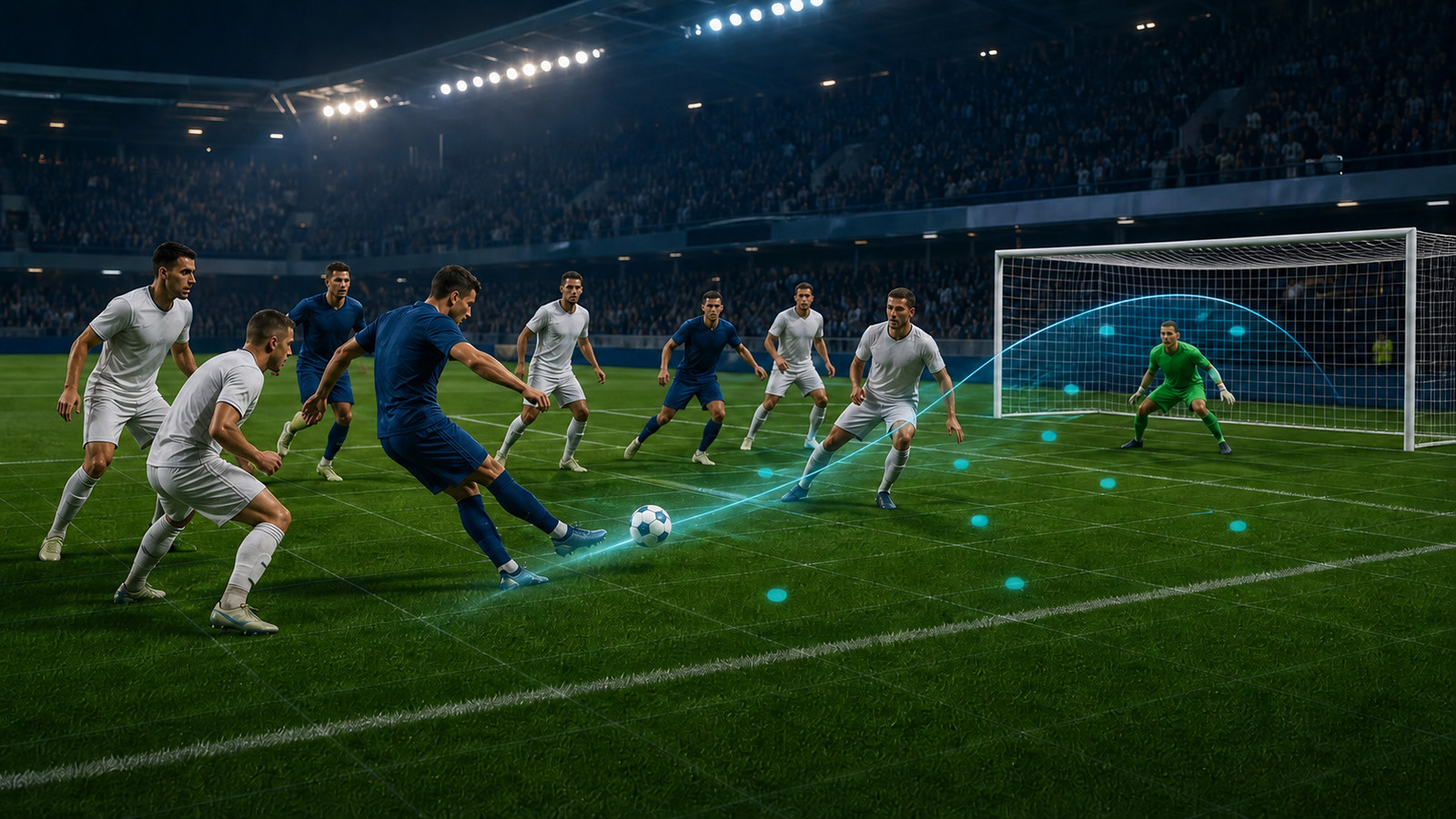 Fotbalista zakončuje v pokutovém území se znázorněnou mapou střel a trajektorií míče